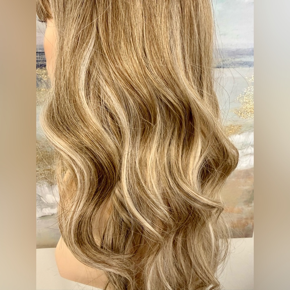 HAIR, 25” Long Wavy Layers, Center Part Bangs Ombre Med Brown/Blonde